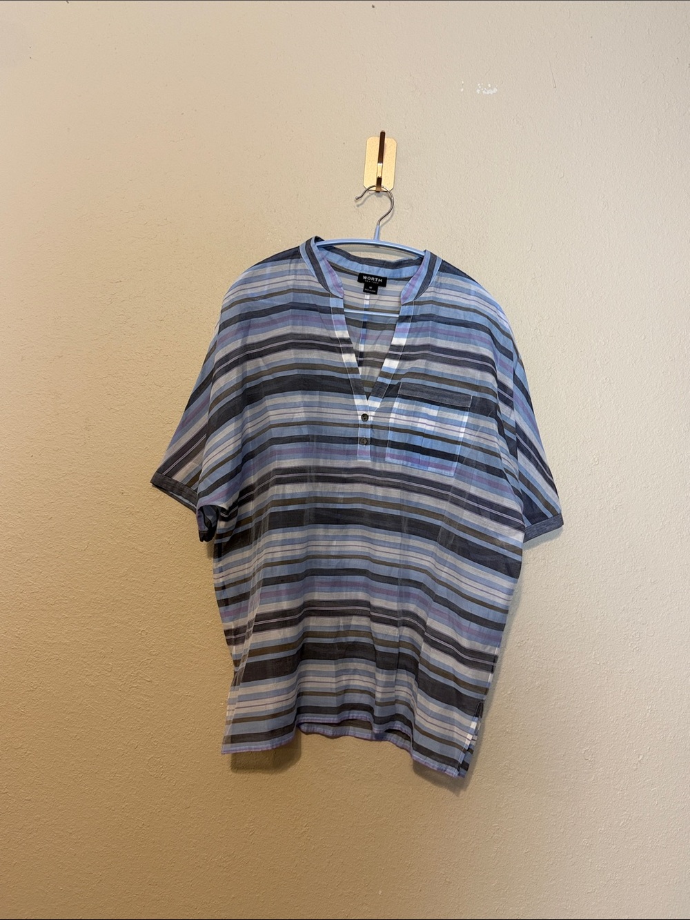 Worth New York sheer Striped Colton Silk Blend Short Sleeve Top Size Medium